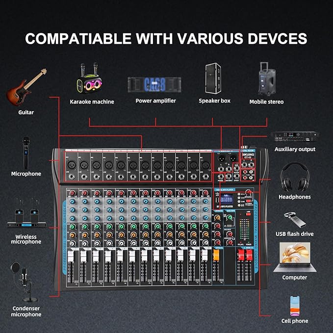 12 Channel Audio Interfacer Sound Board Mixer DJ Mixer 16-Bit DSP Effect USB Audio Mixer +48V Phantom Power Bluetooth Mixer for Karaoke Studio Streaming Recording,Live Streaming