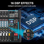 Audio Mixer,6 Channel Board Mixer for Streaming, Professional Sounds Board Mixer with 16 DSP Effect, USB Audio Interface and 48V Phantom Power, Stereo DJ Mixers for PC Recording/DJ stage