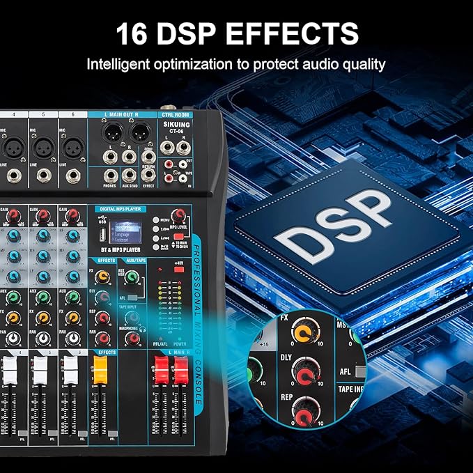 Audio Mixer,6 Channel Board Mixer for Streaming, Professional Sounds Board Mixer with 16 DSP Effect, USB Audio Interface and 48V Phantom Power, Stereo DJ Mixers for PC Recording/DJ stage