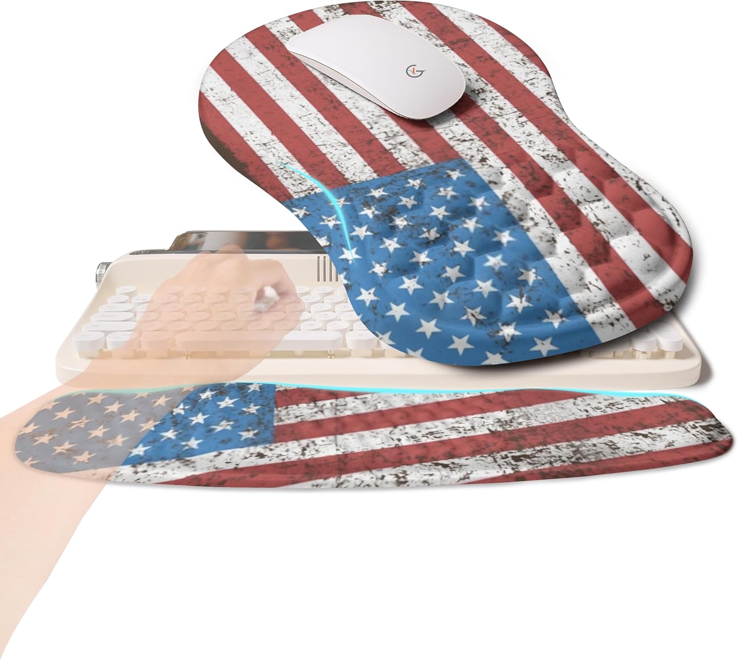 2-in-1 Ergonomic Set, Wave Rise Keyboard Wrist Rest and Massage Bulge Slope Mouse Pad Wrist Support, Cushion Memory Foam Integrated to Relieve Wrist Pain, American Flag
