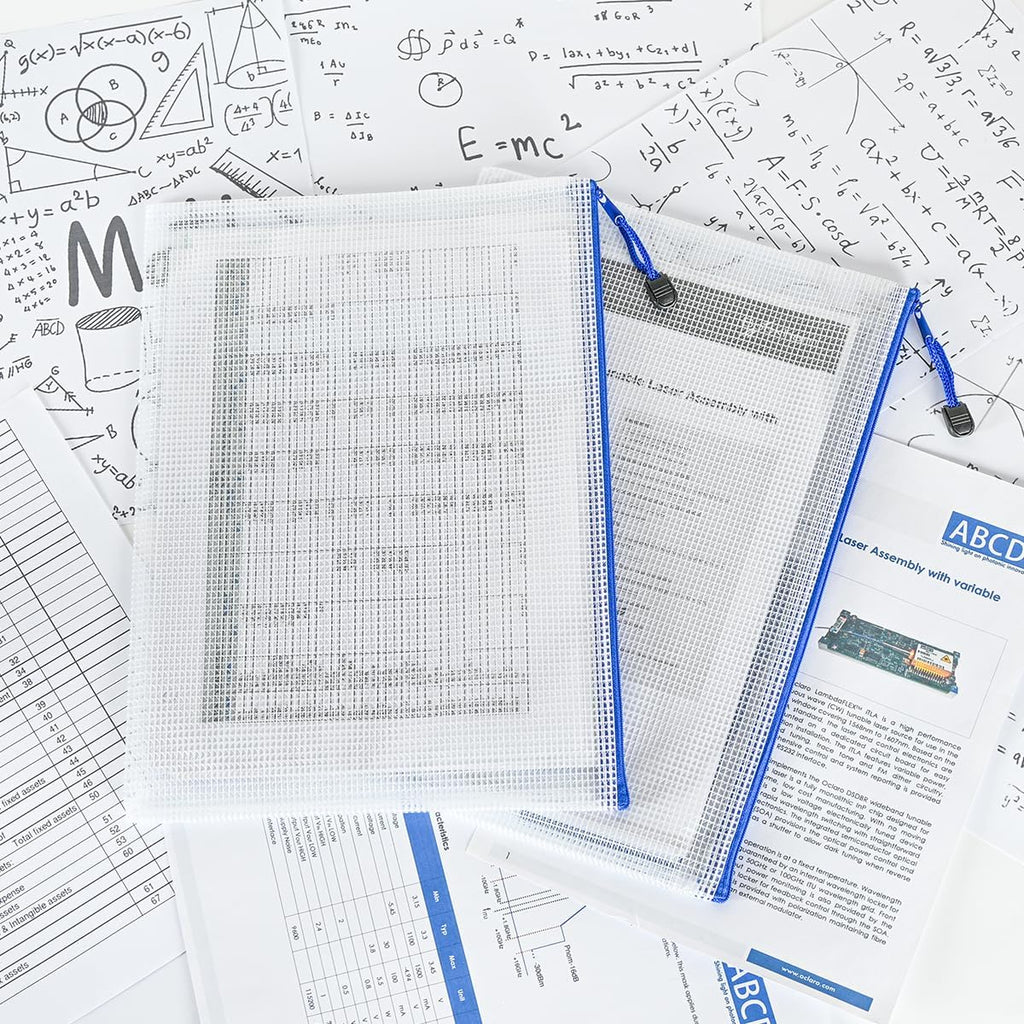 AUSTARK 10 Pcs Zipper File Bags, Waterproof Plastic Mesh Pouch for Office School, Board Game Storage Bags (A4 Size 13.4''x9.4'', White and Blue)