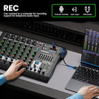 8 Channel Audio Interface DJ Mixing Sound Board 16 DSP Digital Effects With 40khz/24bit Bluetooth USB Rac Interface As Mp3 Player Audio Mixer For Karaoke Streaming Recording