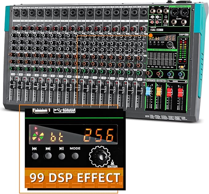 Depusheng PA16 Professional Audio Mixer Sound Board Console Desk System Interface 16 Channel Digital USB Bluetooth MP3 Computer Input 48V Phantom Power Built-in 256 Reverb Effect, Black