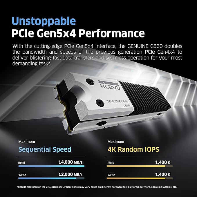 KLEVV Genuine G560 4TB M.2 2280 NVMe PCIe Gen5x4 Internal SSD Heatsink Included, up to 14000MB/s with DRAM Cash (K04TBM2SP0-G56)