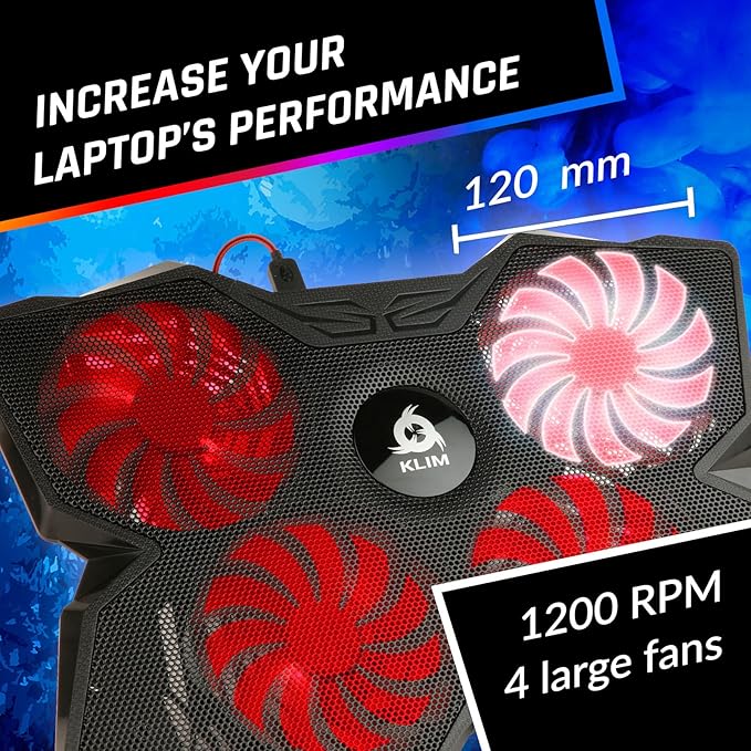 KLIM Wind Laptop Cooling Pad - More Than 500 000 Units Sold - New - The Most Powerful Rapid Action Cooling Fan - Laptop Stand with 4 Fans at 1200 RPM - USB - PS5 PS4 - Red