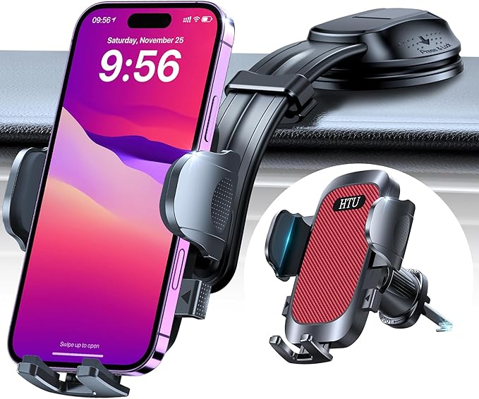 HTU Upgraded Strongest Suction Car Phone Holder Bendable Arm, Never Block View Rotatable Cellphone Mount for Dashboard Windshield Vent, Cradle Stand for iPhone 16 15 14 13 12 Pro Max (Red)