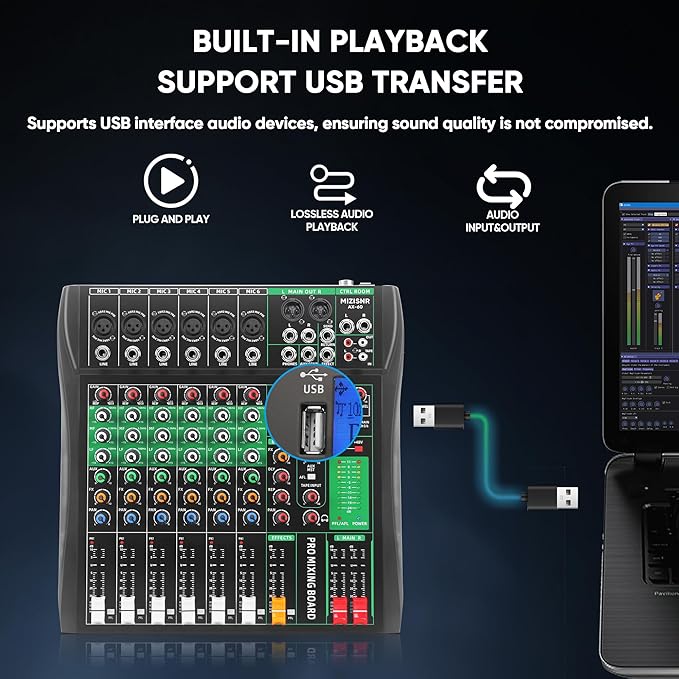 6 Channel Audio Mixer, Professional DJ Mixer Board Sound Music Mixing Console Digital Mixer with Reverb, Bluetooth, USB Port, 48V Phantom Power for Recording Karaoke Podcasting