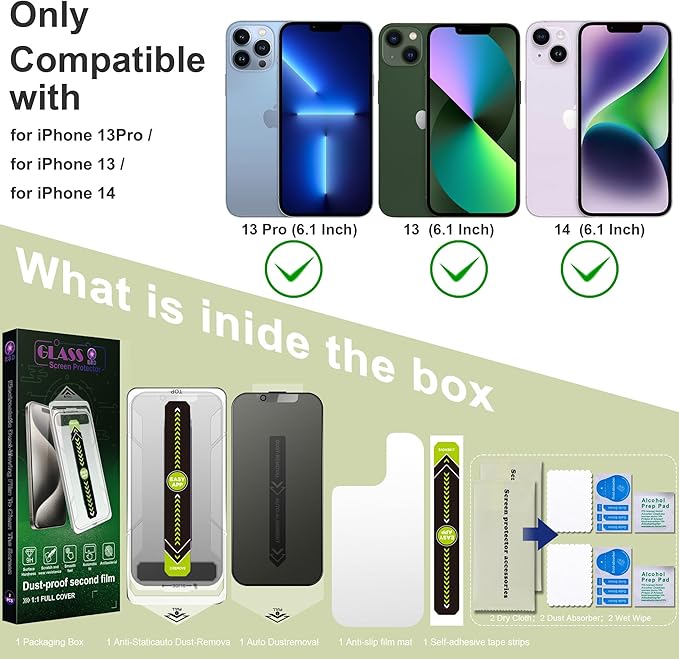 (2-Pack Matte Privacy Anti-Spy Screen Protector for iPhone 16e/13/13 Pro/14 (6.1-Inch),9H Tempered Glass,Anti-Glare,Full Coverage,Anti-Fingerprint,Auto Dust Removal,Bubble-Free