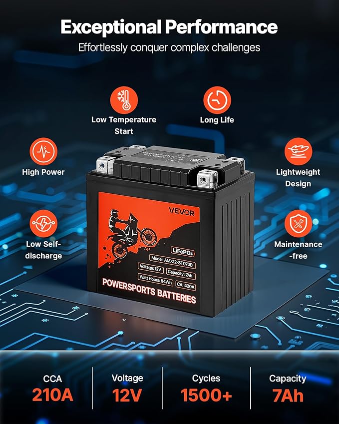 VEVOR Motorcycle Battery, 12 Volt 7Ah, LiFePO4 Lithium Pre-Charged Powersports Battery, Maintenance Free & High Performance, Compatible with ATV, Motorcycle, Jet Skis, Scooter, UTV, and More