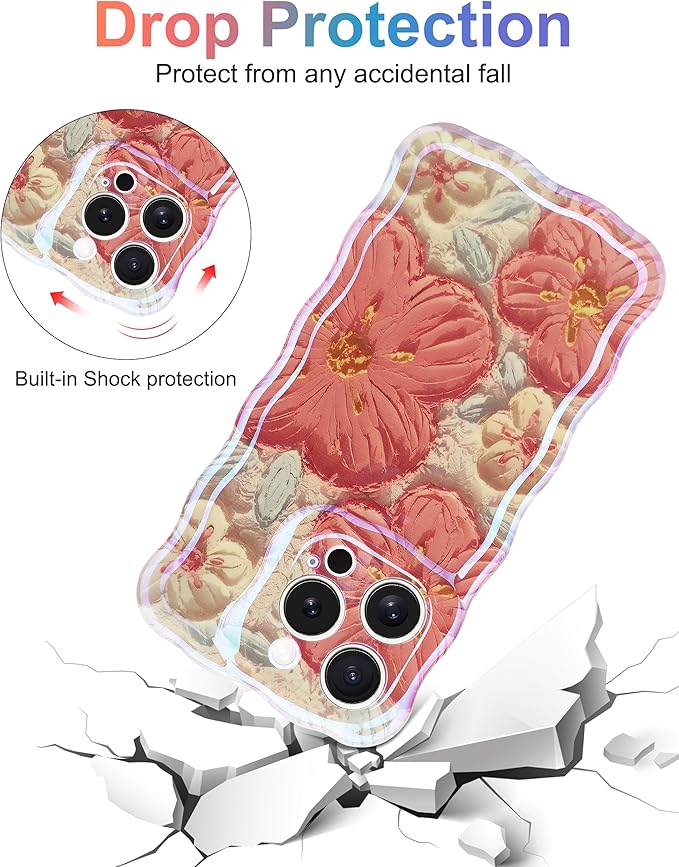 Jusy Compatible with iPhone 13 Pro Max, Colorful Retro Oil Painting Printed Flower Laser Glossy Pattern Cute Curly Wave Phone Case Soft TPU Cover for Girly Women - Orange White