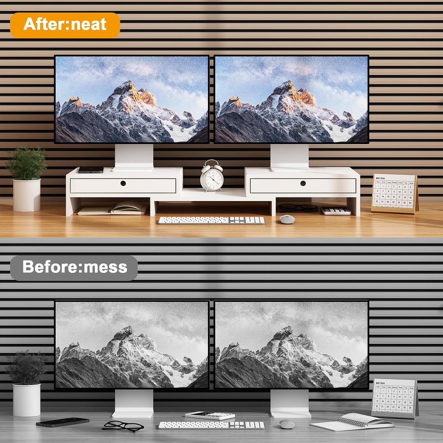 LAPTAIN Monitor Stand with 2 Drawers, Dual Monitor Stand Riser with Adjustable Length and Angle, Desktop Organizer Stand for Laptop/PC/Computer, No Assembly Required, Solid Wood