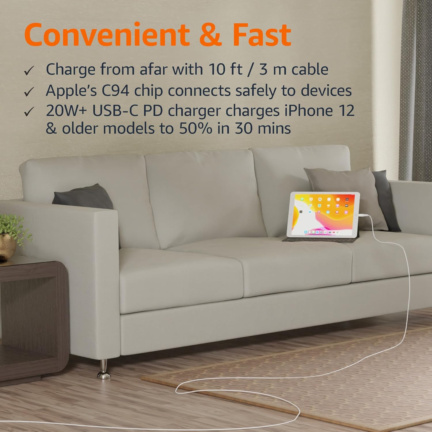 Amazon Basics MFi Certified USB-C to Lightning Fast Charging Cable for Apple iPhone, Nylon Braided, 10 ft, White