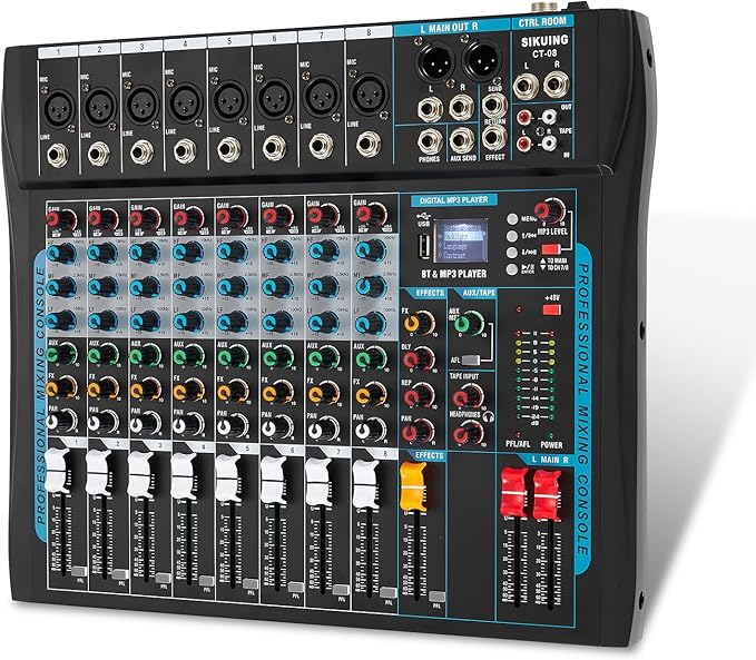 8 Channel Audio Mixer Sound Board Mixer 16 DSP Effect Audio Interfacer w/USB Drive for Computer Recording, 48V Power, XLR Microphone Jack DJ Mixer for Karaoke Studio Streaming Recording