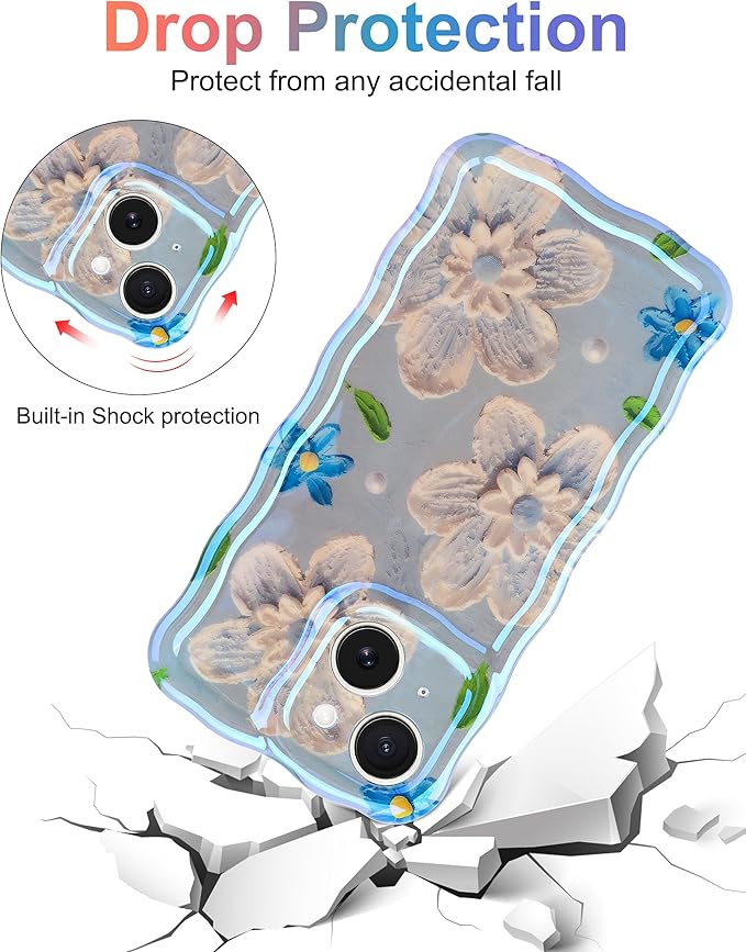 Jusy Compatible with iPhone 14 Plus/15 Plus, Colorful Retro Oil Painting Printed Flower Laser Glossy Pattern Cute Curly Wave Phone Case Soft TPU Cover for Girly Women - Blue Flower
