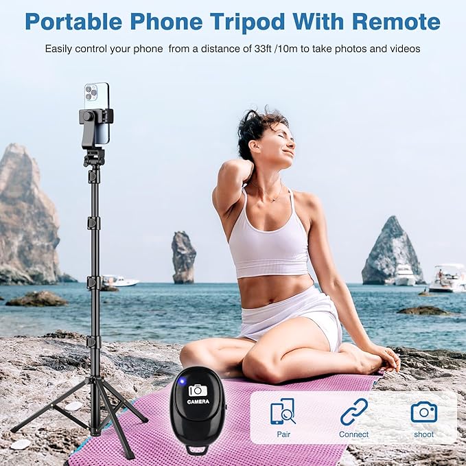 70" Phone Tripod with Remote & Holder, Portable Cell Phone Stand, Selfie Stick for Video Recording, Compatible with iPhone 14/13 Pro Max/Android/Camera