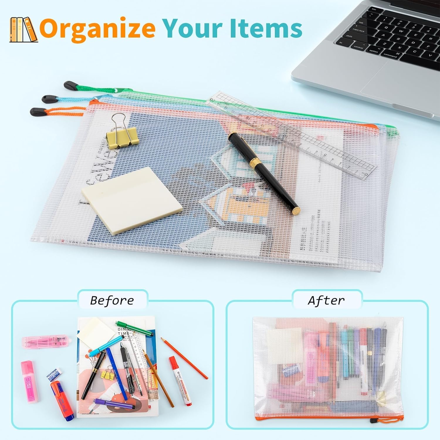 Umriox 48pcs Mesh Zipper Pouch Bags, A4 Size 16 Color Zipper Bags for Organizing, Clear Zipper Pouches for Puzzles, Board Game Organizer, Sewing Projects