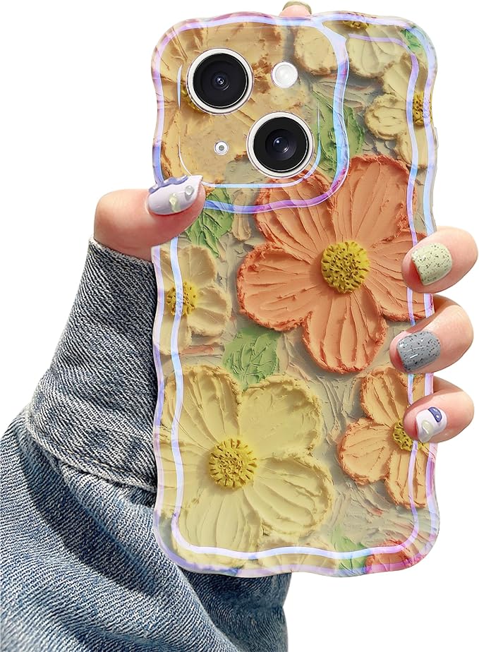 Jusy Compatible with iPhone 14, Colorful Retro Oil Painting Printed Flower Laser Glossy Pattern Cute Curly Wave Phone Case Soft TPU Cover for Girly Women - Orange Yellow