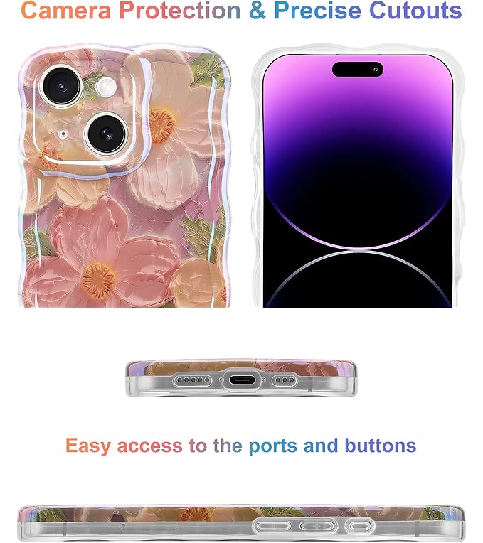 Jusy Case for iPhone 15, Colorful Retro Oil Painting Printed Flower Laser Blue Glossy Pattern Cute Curly Wave Phone Case Soft TPU Cover for Girly Women -Pink