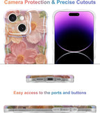 Jusy Case for iPhone 14 Plus/15 Plus, Colorful Retro Oil Painting Printed Flower Laser Blue Glossy Pattern Cute Curly Wave Phone Case Soft TPU Cover for Girly Women -Pink