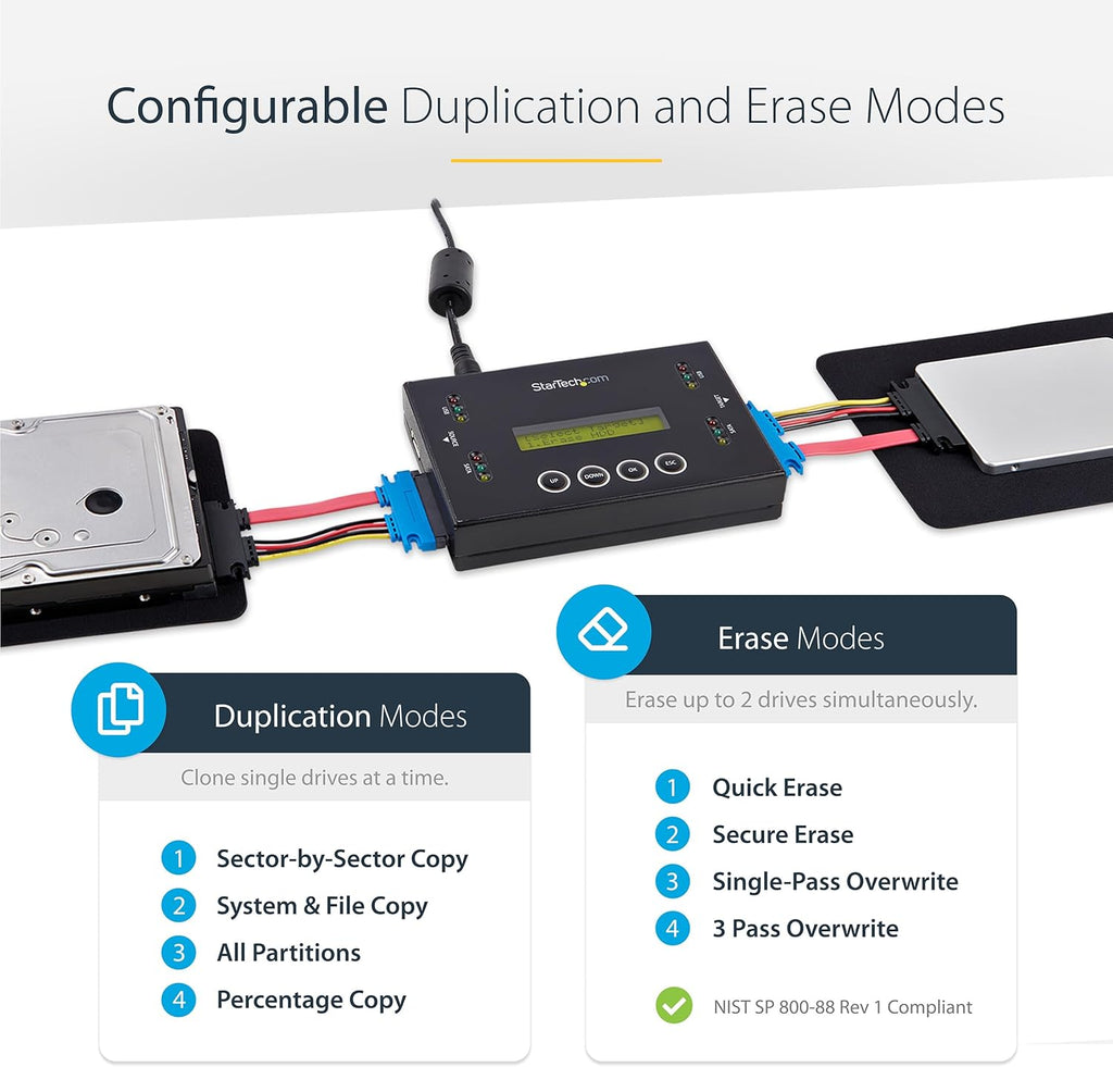 StarTech.com 1:1 Standalone Hard Drive and USB Thumb Drive Duplicator/Eraser, USB Flash and SATA HDD/SSD Disk Cloner/Copier and Wiper, Toolless Sanitizer, LCD Display, TAA Compliant (SU2DUPERA11)