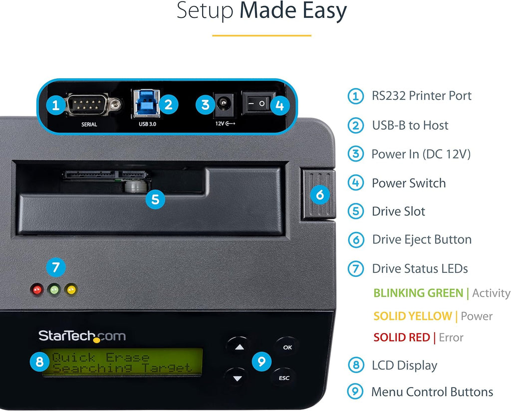 StarTech.com Single Bay SSD/HDD Hard Drive Eraser, 2.5/3.5" SATA, Hostless Standalone Secure Erase, Disk Sanitizer, Hardware Wiper Erasing Tool, 9 Modes, Printer Port, NIST/DOD, LCD, TAA (SDOCK1EU3P)
