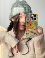 Jusy Compatible with iPhone 14 Pro Max, Colorful Retro Oil Painting Printed Flower Laser Glossy Pattern Cute Curly Wave Phone Case Soft TPU Cover for Girly Women - Green Yellow