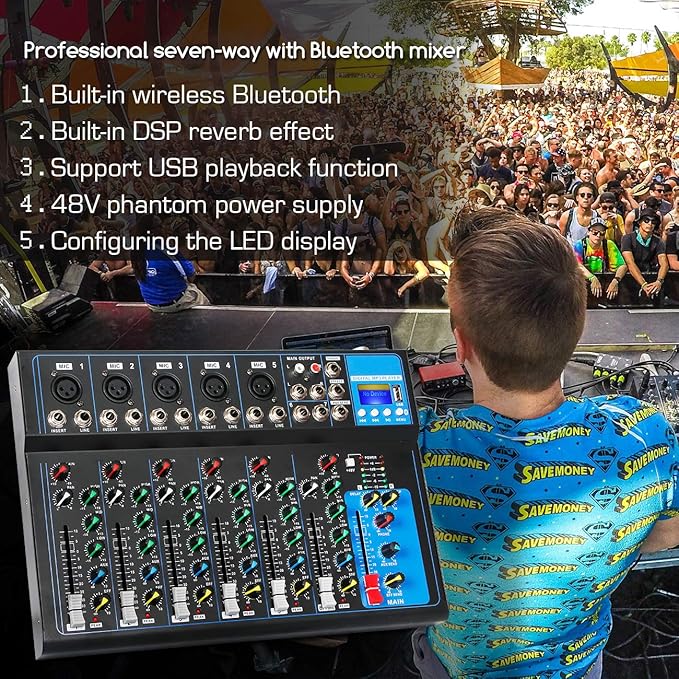 Depusheng HT7 Bluetooth Portable Audio Mixer w/USB DJ Sound Mixing Console MP3 Jack 48V Power for Computer Recording, 7-Channel Bands Mixing Boards For Studio Recording