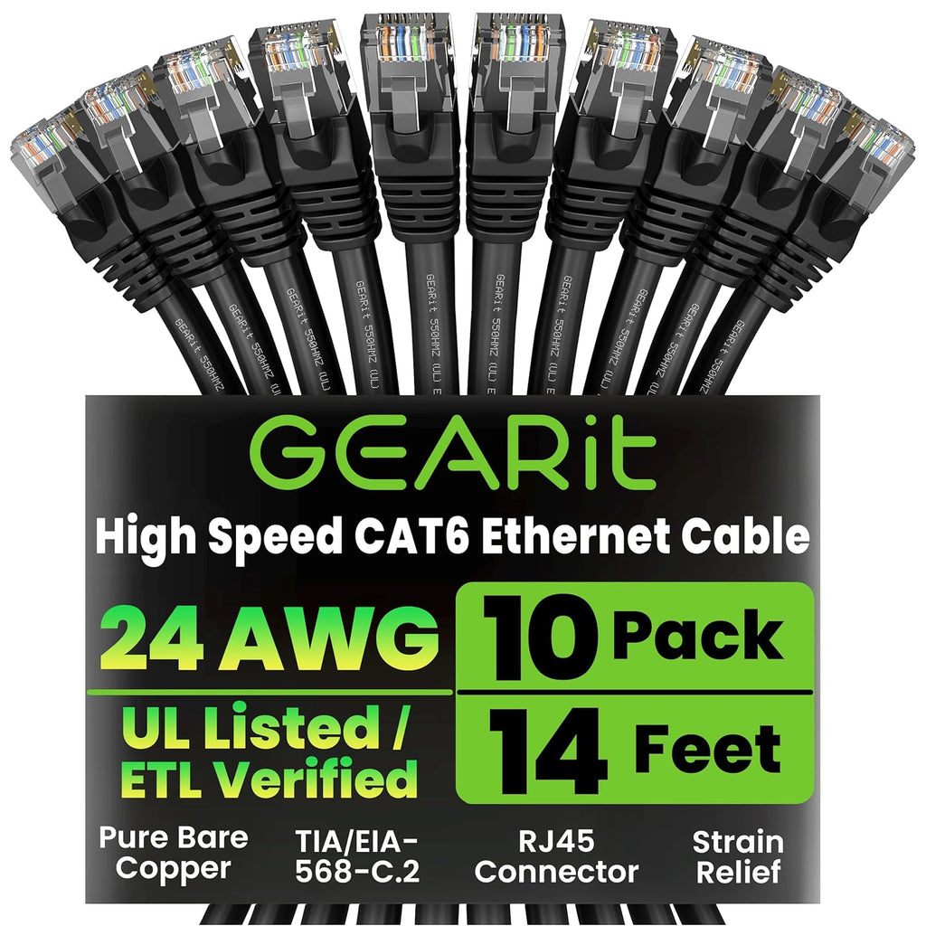 GearIT Cat 6 Ethernet Cable Pack - 10-Pack 14 ft Cat6 Ethernet Patch Cables | RJ45 Network Patch Cable, 10 Gbps Snagless Gold-Plated Connectors - Ethernet Cable Cat 6 for PC, TV, Router - Black