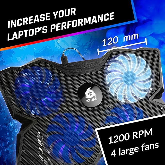 KLIM Wind Laptop Cooling Pad - More Than 500 000 Units Sold - New Version - The Most Powerful Rapid Action Cooling Fan - Laptop Stand with 4 Cooling Fans at 1200 RPM - USB Fan - PS5 PS4 - Blue