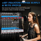 Audio Mixer 6 Channel Professional Mixer Console with 320 DSP Effects, 7-band EQ Sound Mixing Board Digital DJ Mixer w/USB Bluetooth MP3 for Recording, Independent 48V Power & Mute Button