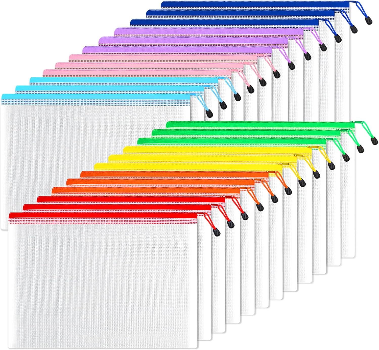 SUNEE Plastic Mesh Zipper Pouch 11x16 in (8 Colors, 24 Packs),Extra Large Water-Resistant Zip Bag for School Office Supplies, Puzzles & Games Organizing Storage