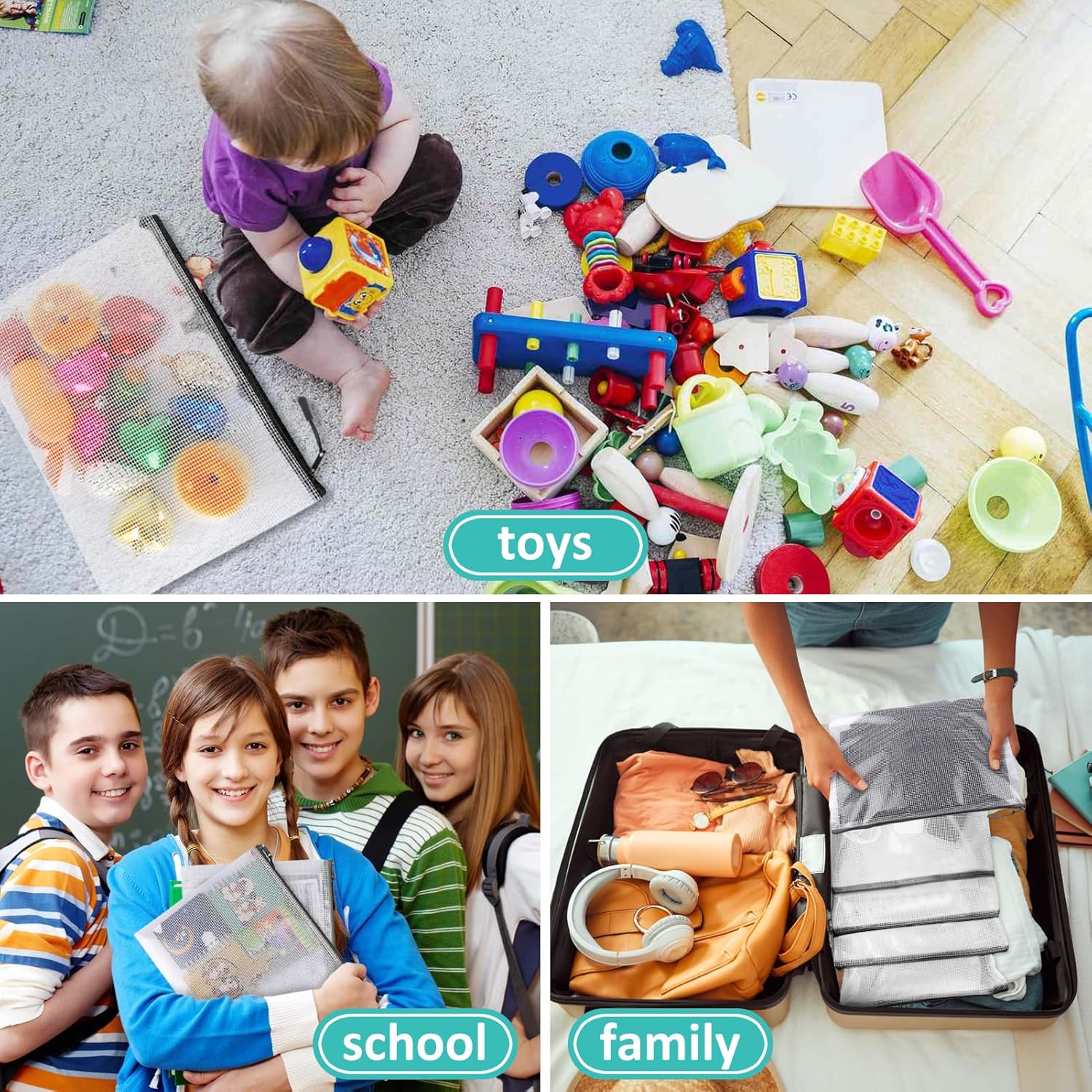 12pcs Mesh Zipper Pouch Bags, A3 Puzzle Bag for Organizing, File Bags Storage Bag, Board Games and Office Supplies