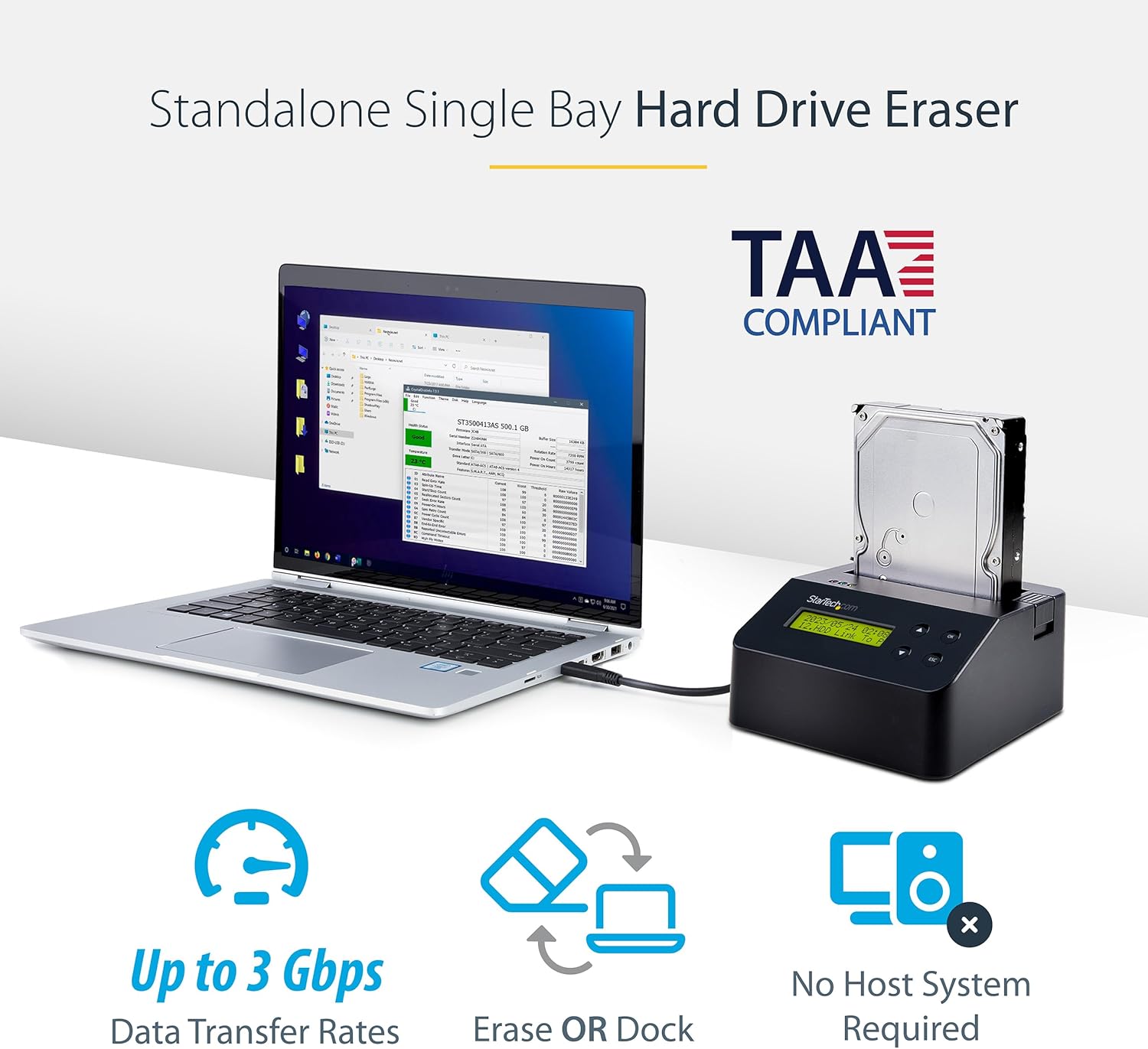 StarTech.com Single Bay SSD/HDD Hard Drive Eraser, 2.5/3.5" SATA, Hostless Standalone Secure Erase, Disk Sanitizer, Hardware Wiper Erasing Tool, 9 Modes, Printer Port, NIST/DOD, LCD, TAA (SDOCK1EU3P)