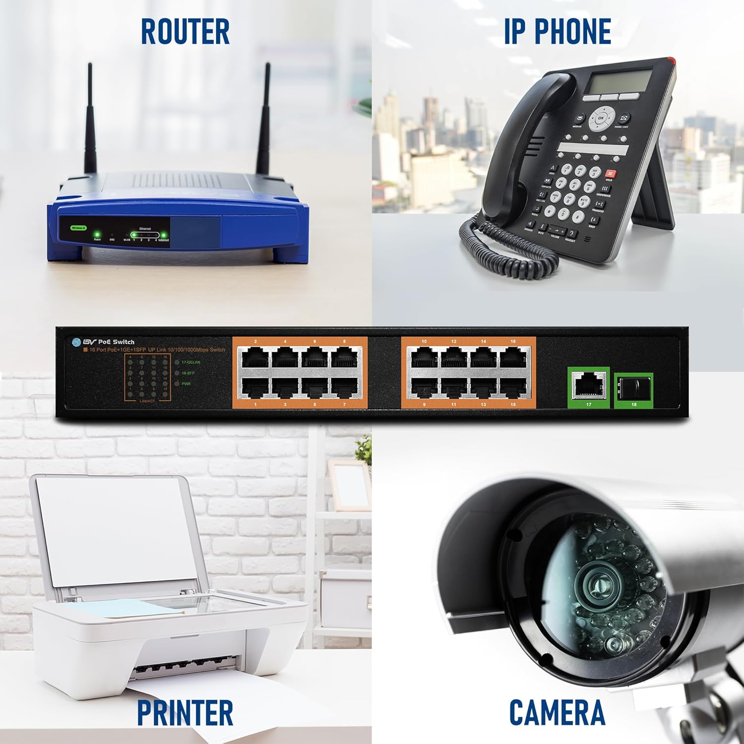 BV-Tech 18 Ports Long Range PoE+ Switch (16 PoE+ Ports | 1 Gigabit Ethernet uplink with 1 SFP Uplink) - 19" Rackmount - 120W - 802.3af/at -Desktop Design for Easy Set Up (16 Gigabit PoE+ Ports | 120W)