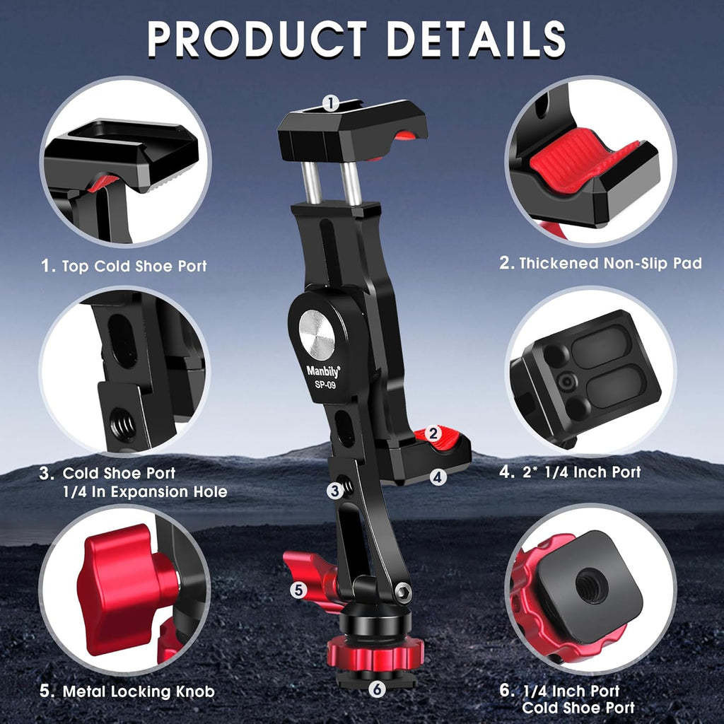 Manbily Phone Tripod Mount, Metal Smartphone Mount Adapter Camera Hot Shoe Mount, 360° Swivel 180° Flip Adjustable Phone Holder for Microphone LED Light（SP-09