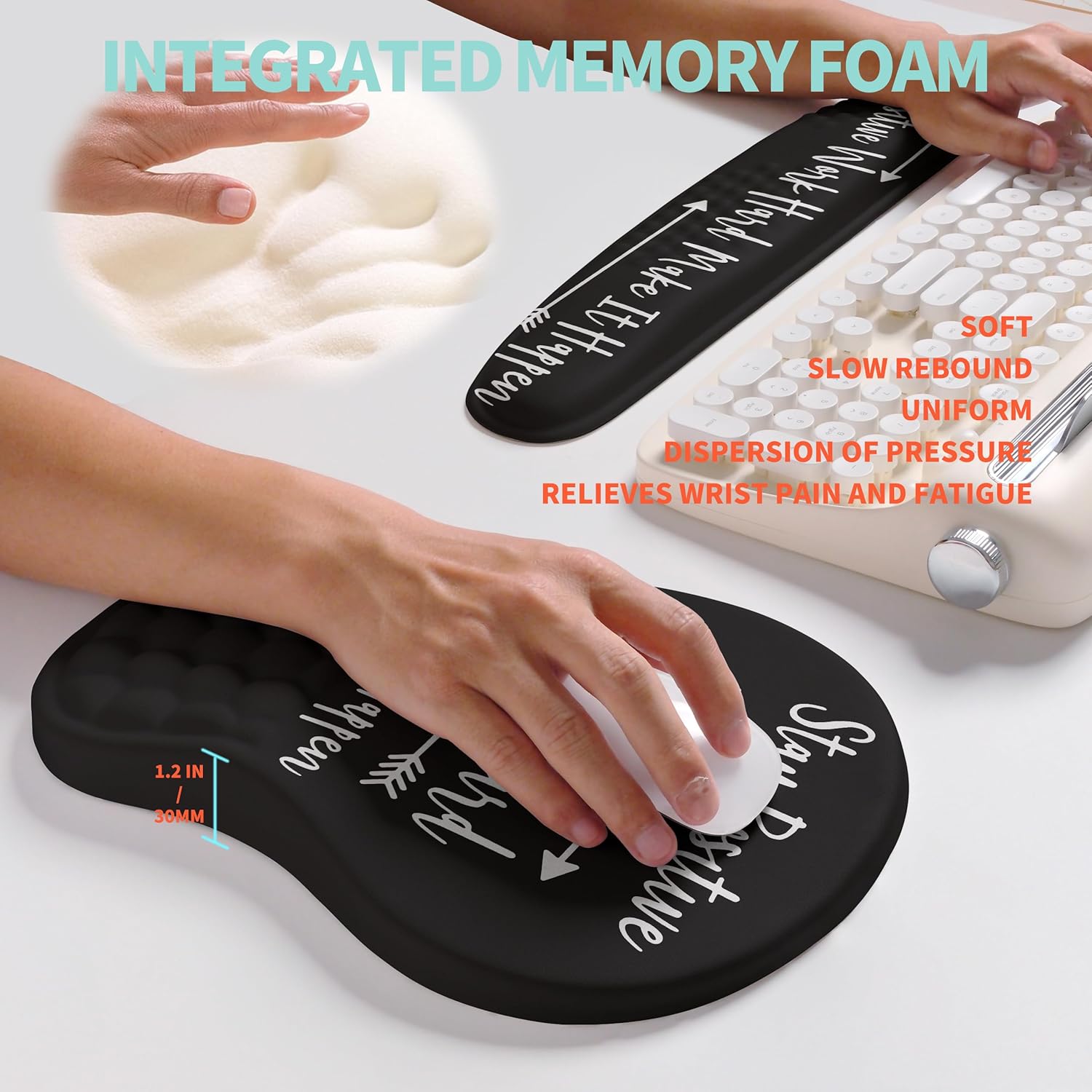 2-in-1 Ergonomic Set, Wave Rise Keyboard Wrist Rest and Massage Bulge Slope Mouse Pad Wrist Support, Cushion Memory Foam Integrated to Relieve Wrist Pain, Stay Positive