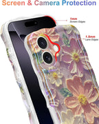 Jusy Compatible with iPhone 16 Plus, Colorful Retro Oil Painting Printed Flower Laser Glossy Pattern Cute Curly Wave Phone Case Soft TPU Cover for Girly Women - Light Purple
