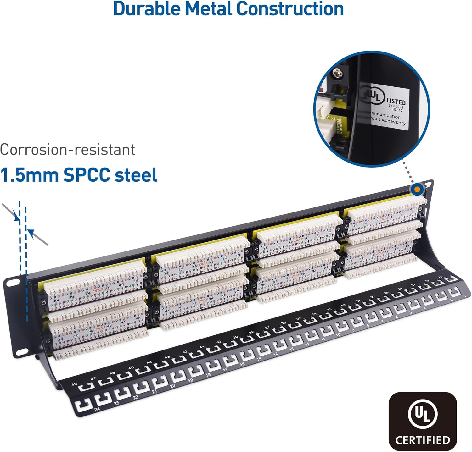 [UL Listed] Cable Matters 48 Port Patch Panel Rackmount or Wall Mount 19-Inch with Support Bar, 2U Cat6 Network Patch Panel for 10 Gigabit Ethernet, 110 or Krone Impact Tools Compatible