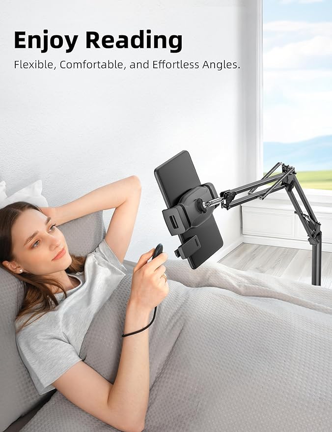 Kindle Floor Stand with Remote Page Turner, Tablet Stand with 11lb Stable Base, Adjustable Height Tablet Holder Mount, Compatible Kindles Tablets iPhones 4.7-12.9 inch