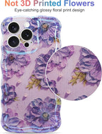 Jusy Compatible with iPhone 15 Pro Max, Colorful Retro Oil Painting Printed Flower Laser Glossy Pattern Cute Curly Wave Phone Case Soft TPU Cover for Girly Women -Purple