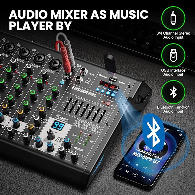 8 Channel Audio Interface DJ Mixing Sound Board 16 DSP Digital Effects With 40khz/24bit Bluetooth USB Rac Interface As Mp3 Player Audio Mixer For Karaoke Streaming Recording