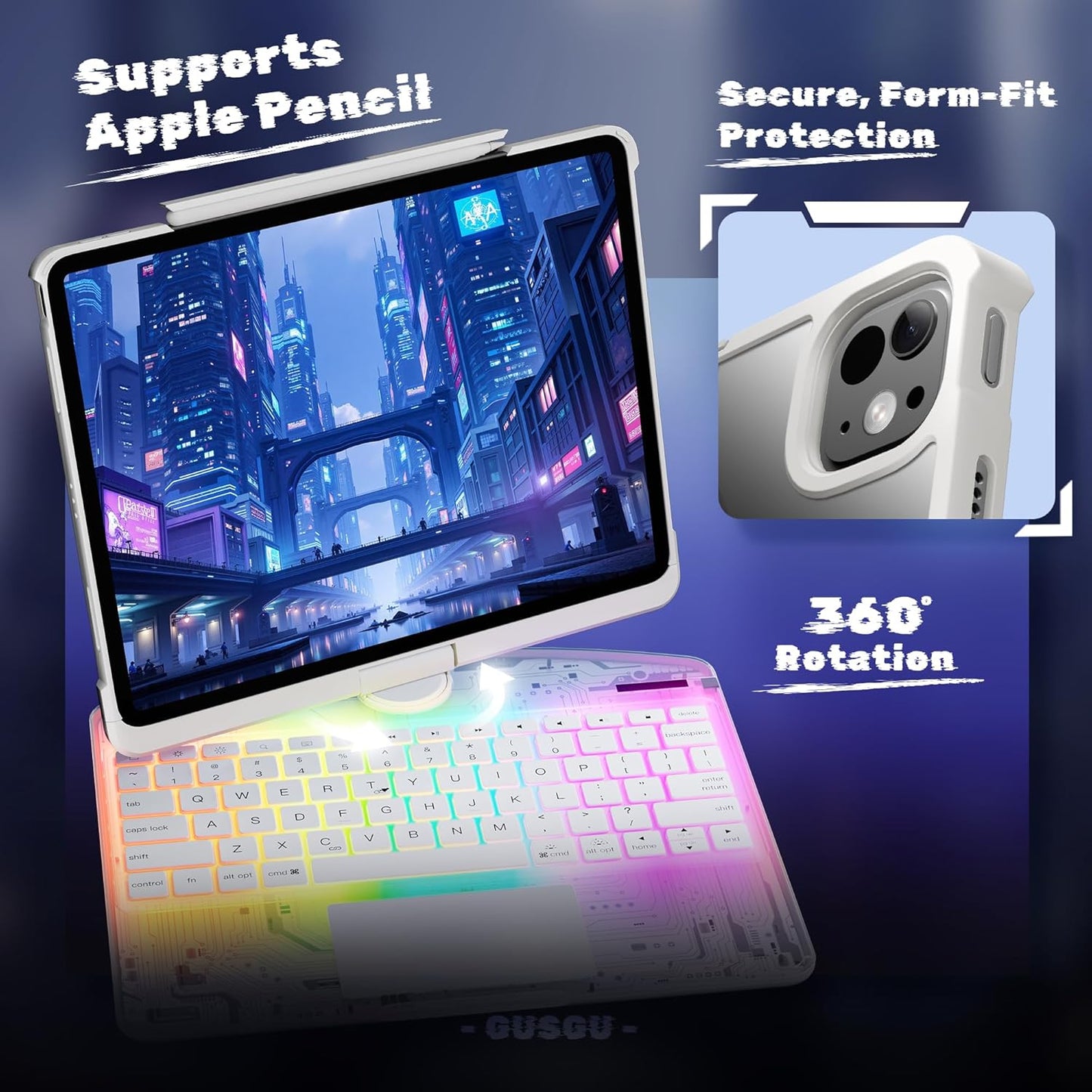 KITONE Transparent Case with Wireless Keyboard only for 2024 iPad Pro 11-in.(M4), 7 Colors Backlight, Trackpad, 360°Rotating Stand for iPad Pro 11(5th Gen), Tech Style