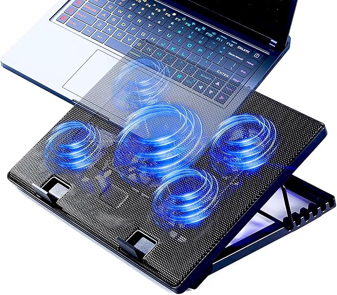 Laptop Cooling Pad 17inch 15.6 14 13 12inch Gaming Cooler Pad Chill Mat 5 Quiet Fans LED Lights and 2 USB 2.0 Ports Adjustable Mounts Laptop Stand Height Angle
