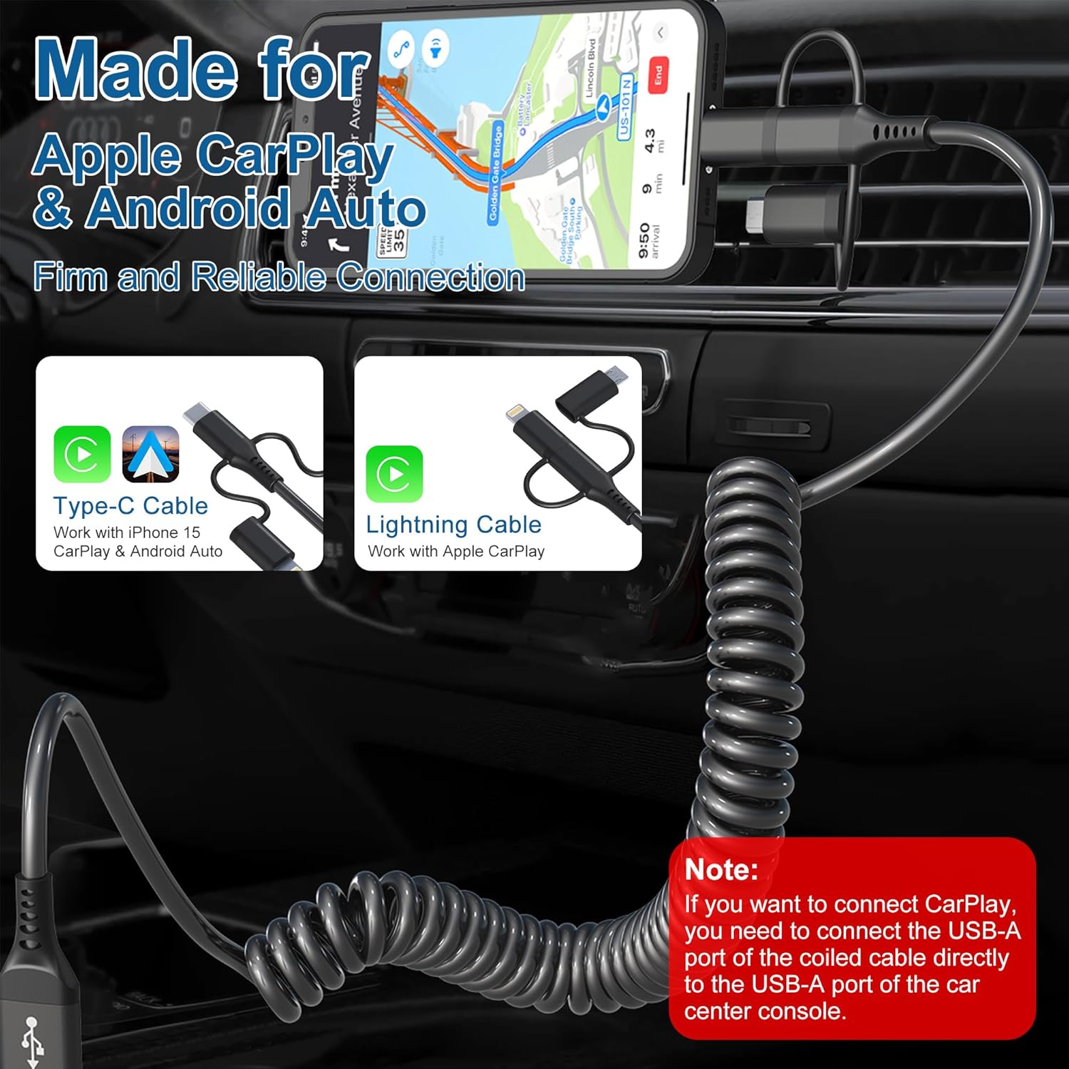 USB to USB-C Lightning Micro-USB Cable Combo 3 in 1 Coiled Cable Support Carplay & Android Auto [MFi & 3A Fast Charge & Data Sync] Coiled Lightning/USB C/Micro-USB Cable for iPhone 17 16 15 14 Android