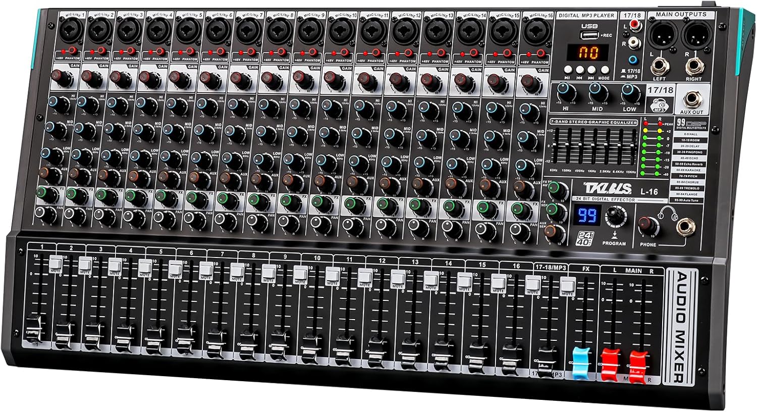 Audio Mixer, TKLBLS Professional 16 Channel DJ Mixer Board with 99-Bit DSP, Sound Board Mixing Console 7-Band EQ Output, USB Audio Interface, Bluetooth 48V Phantom Power For Karaoke Studio Streaming