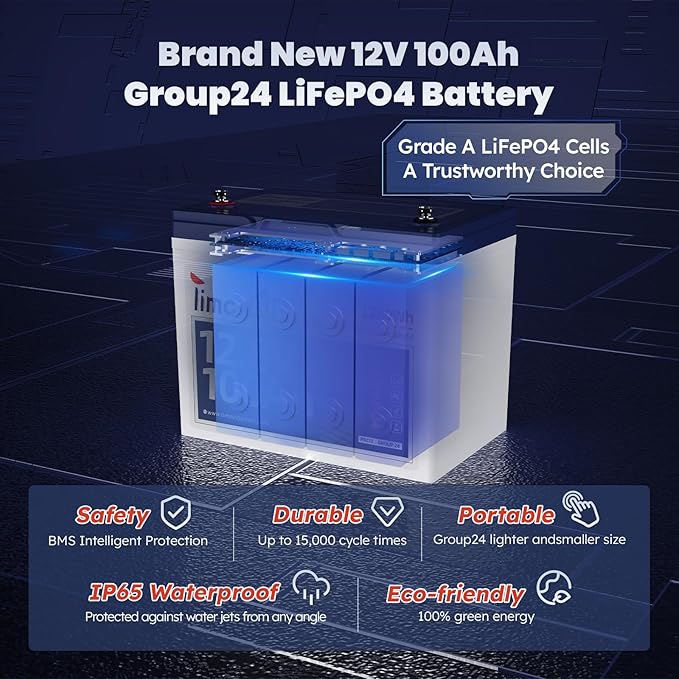 12V 100Ah LiFePO4 Lithium Battery Group24, Timeusb 12.8Volt 100Ah RV Battery with 100A BMS, Up to 15000 Deep Cycle Battery for RV Camper, Solar, Trolling Motor, Marine, Travel Trailer, Energy Storage