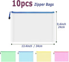AUSTARK 10 Pcs Zipper File Bags, Waterproof Plastic Mesh Pouch for Office School, Board Game Storage Bags (A4 Size 13.4''x9.4'', Multicolored)