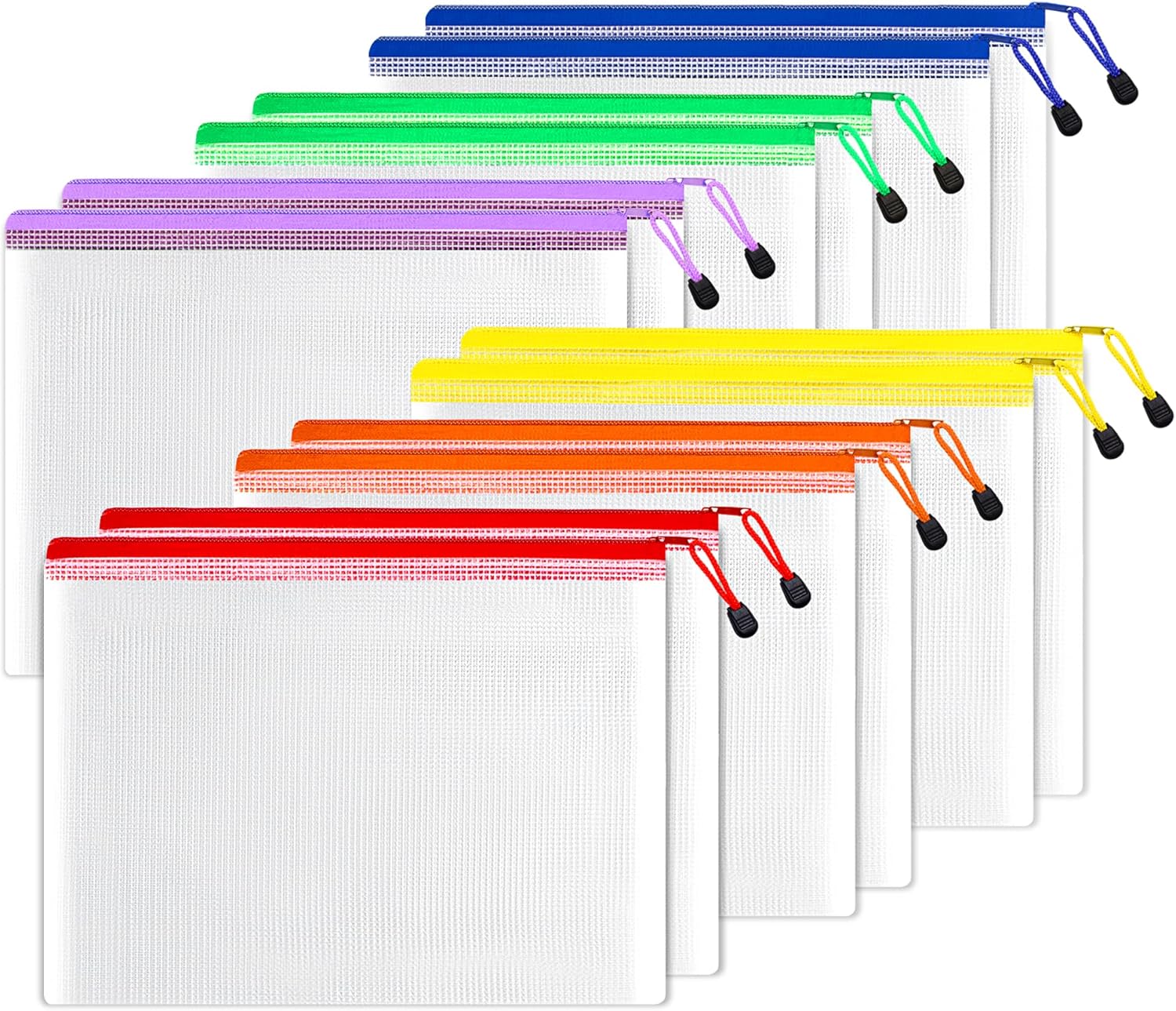 SUNEE Plastic Mesh Zipper Pouch 7x11 in (6 Colors, 12 Packs), Small Water-Resistant Zip Bag for School Office Supplies, Pencil Organizing Storage
