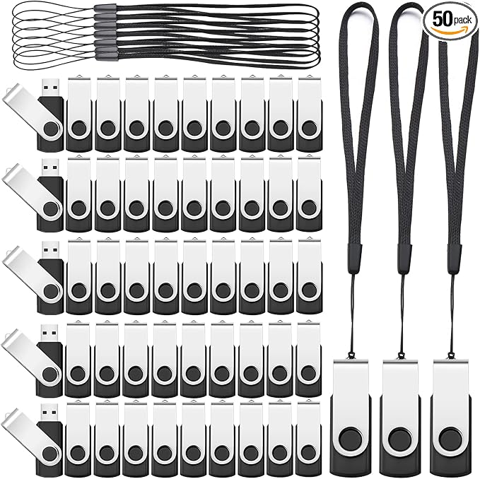 Aoriher 50 Pack USB 2.0 Flash Drives Bulk, Portable USB Thumb Drives with Lanyards, Swivel Flash Drives Thumb Drives for Office School Data Storage (128MB)