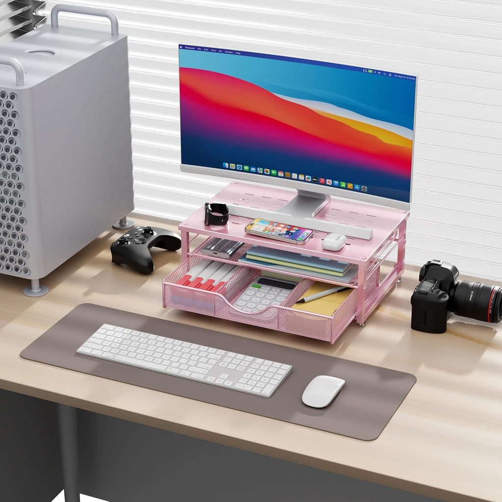 gianotter Computer Monitor Stand Riser, office organizer with Drawer, Office Organizers Storage for Classroom Office Supplies (Pink)
